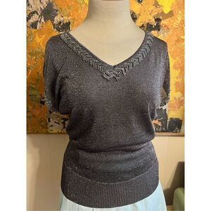 Cache Silver Beaded Cold Shoulder Short Sleeved Dressy Top GORGEOUS S